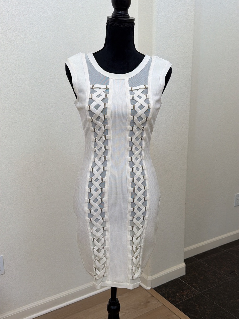 Bebe White Bandage Corset Lace Up Bodycon Dress M